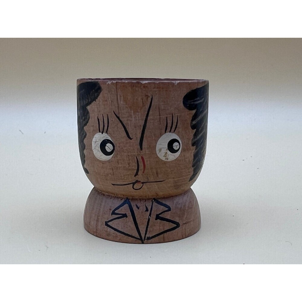 Vintage Hand Painted Wood Egg Cup Figurine Wry Face Made in Japan Collectible